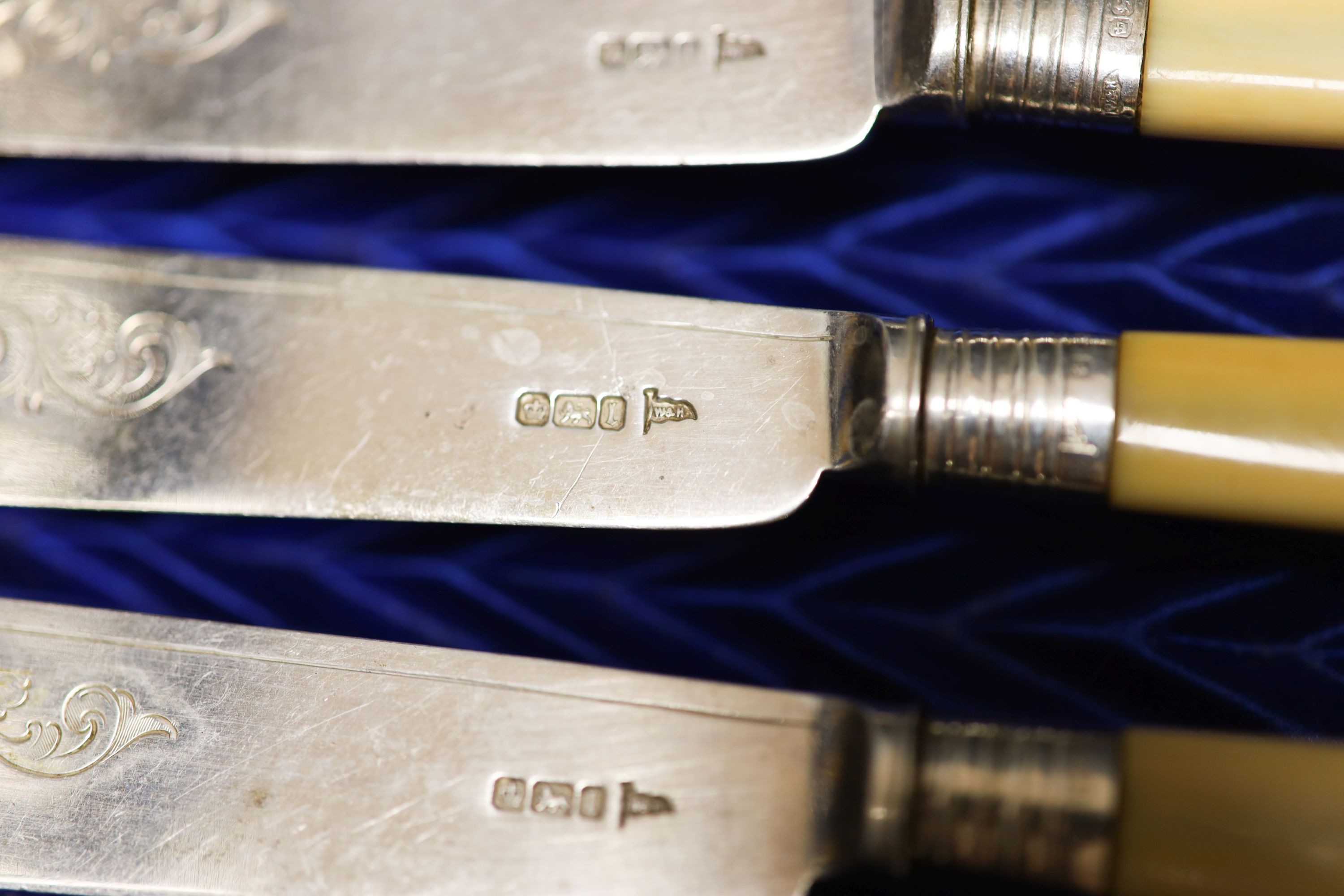 An Edwardian cased set of twelve pairs of ivory handles silver fish eaters, Walker & Hall, Sheffield, 1903.